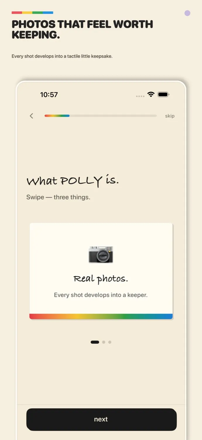 POLLY onboarding screen describing tactile photo keepsakes
